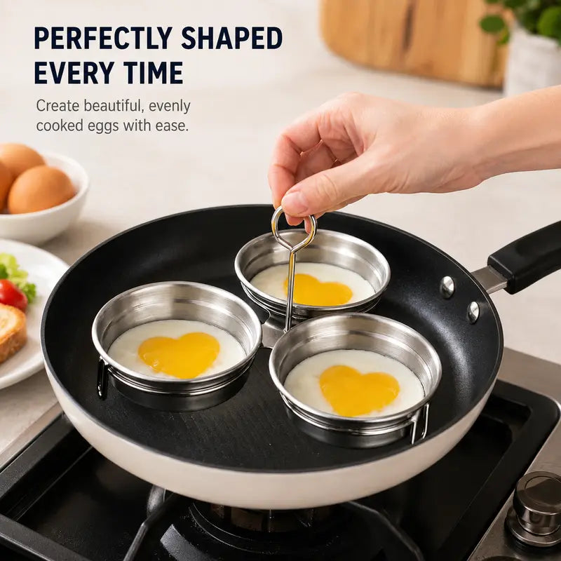 Perfectly shaped eggs cooked in three stainless steel egg cups